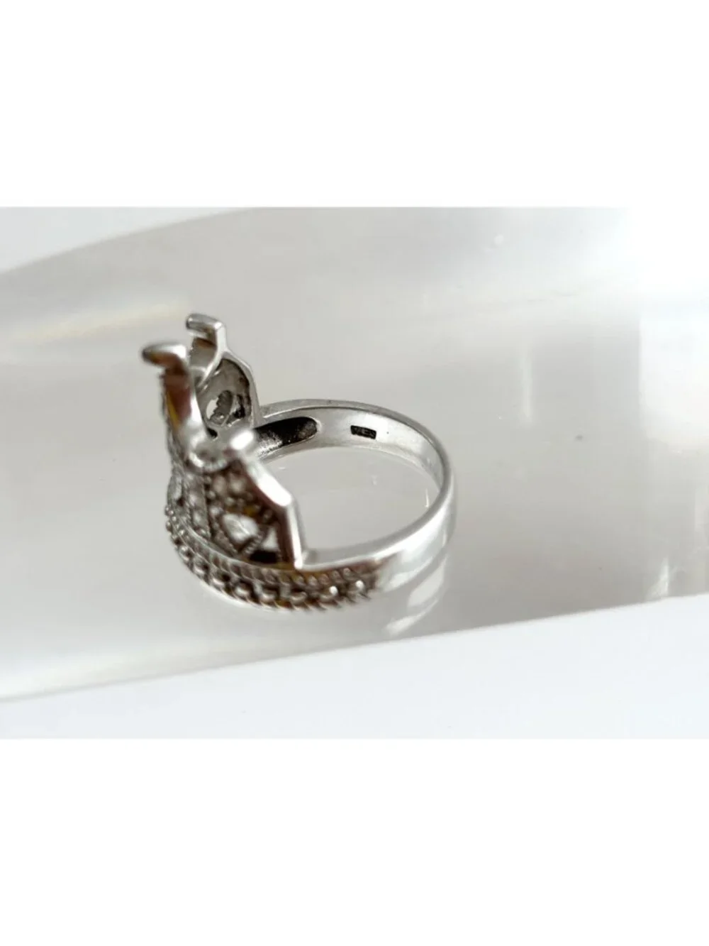 Crown Shaped Milgrain CZ Stone Beaded Sterling Silver 925 Vintage Ring - sz 6